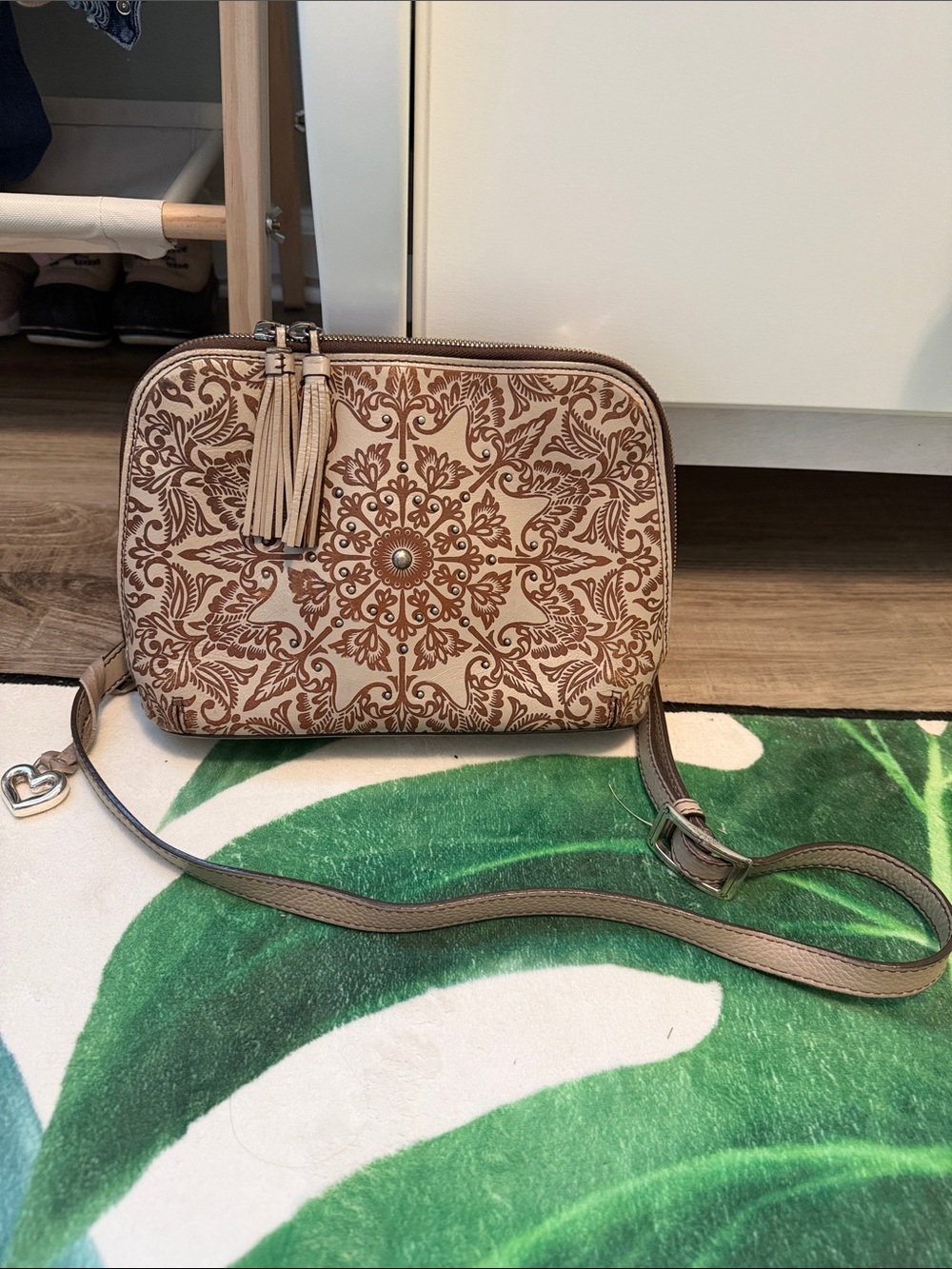 Brighton Beige and Brown Floral Mandala Embossed Crossbody Purse with Tassel Zip